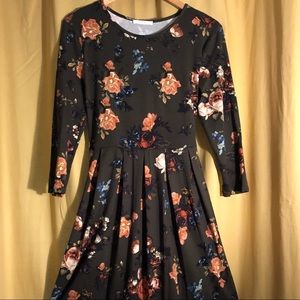 Olive Green Floral Tea Length Dress